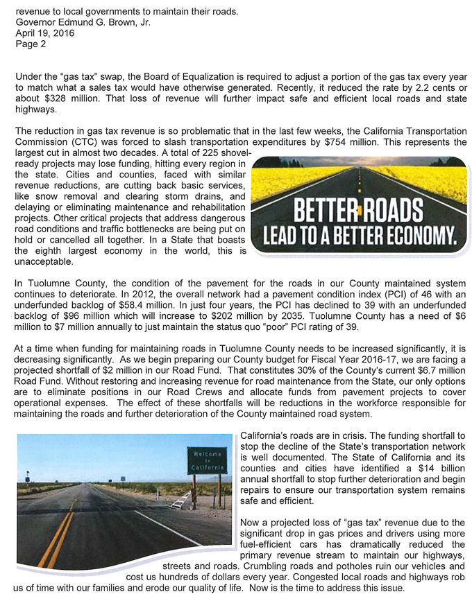 Poor Road Conditions letter to Governor Brown 2