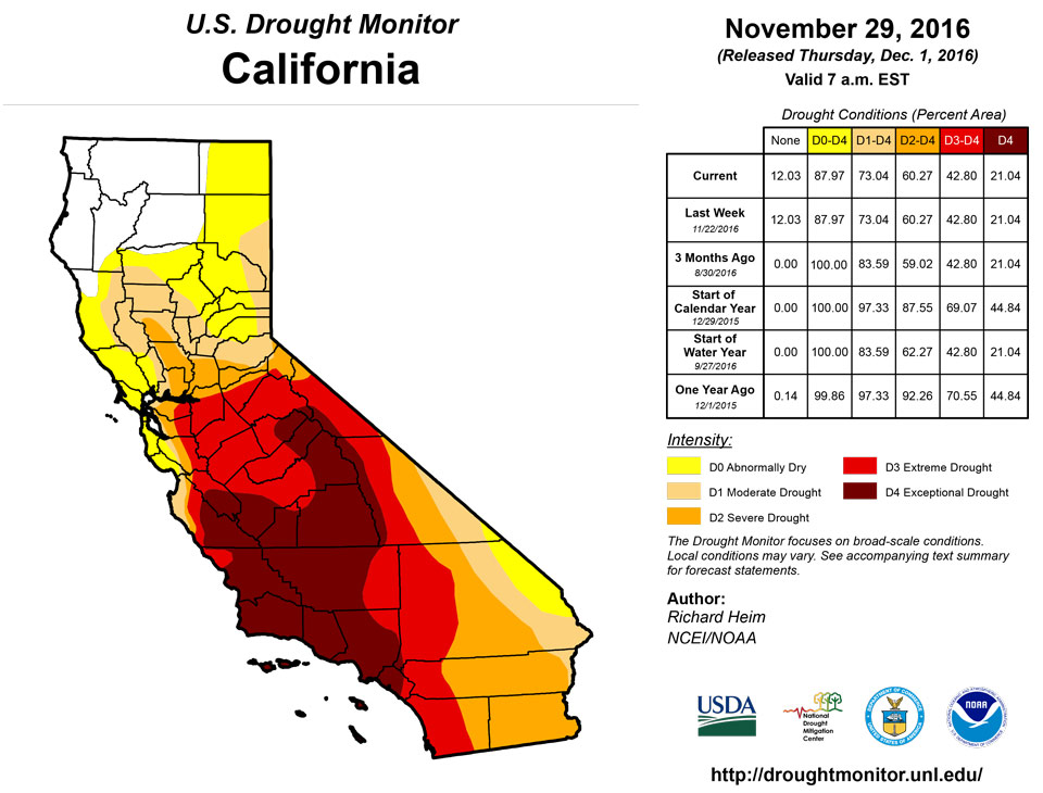 california drought monitor for november 29 2016