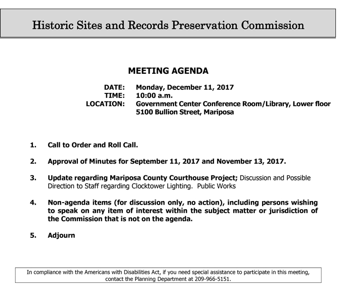 2017 12 11 mariposa county Historic Sites & Records Preservation Commission agenda december 11 2017