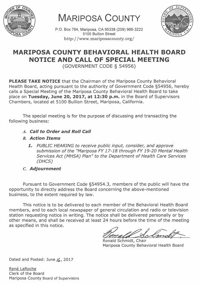 mariposa county behavioral health special meeting notice june 20 2017