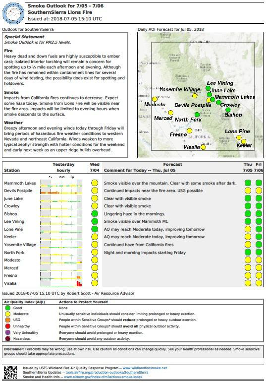 Lions Fire SNF smoke outlook 7 5 18