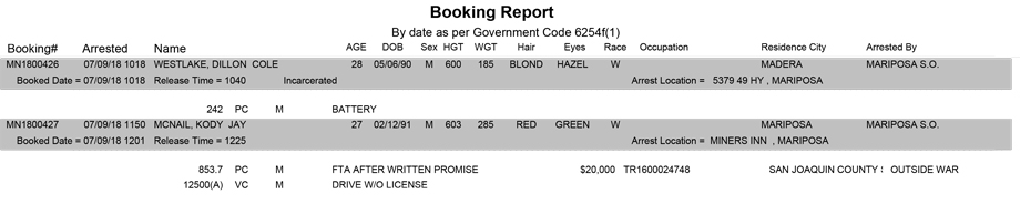 mariposa county booking report for july 9 2018