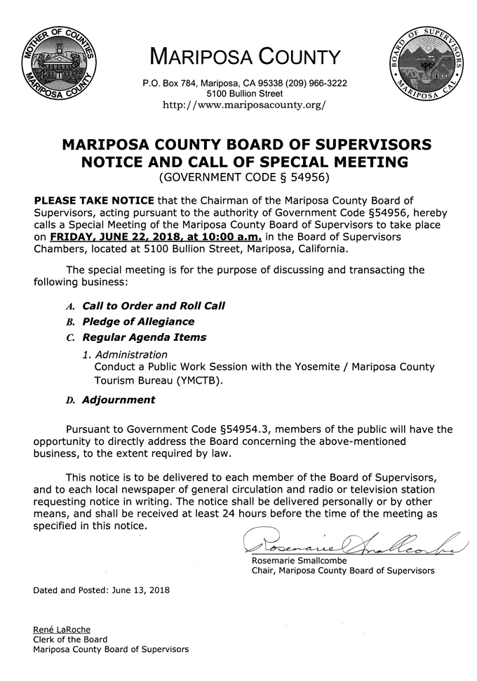 2018 06 22 mariposa county Board of Supervisors special meeting Public Agenda june 22 2018