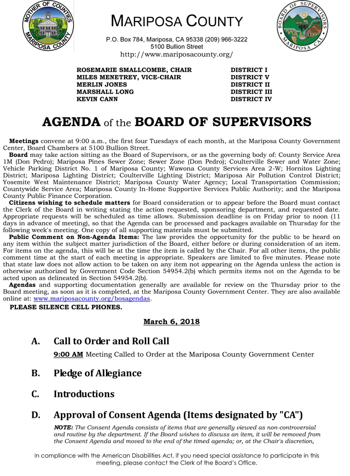 2018 03 06 mariposa county Board of Supervisors Public Agenda march 6 2018 1