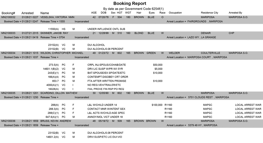 mariposa county booking report for january 28 2021