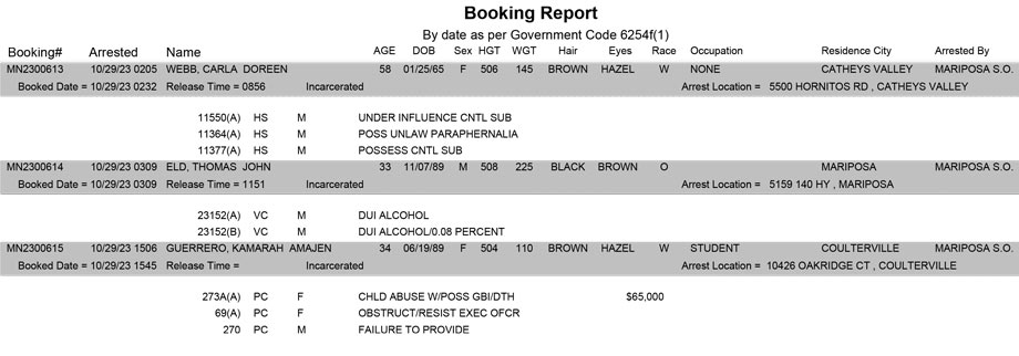 mariposa county booking report for october 29 2023
