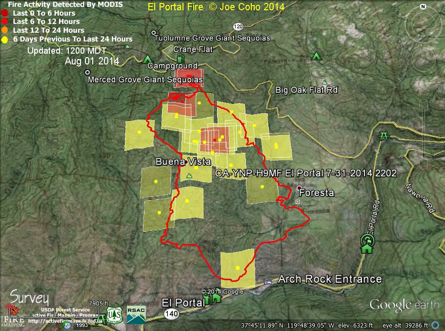 3 ElPortal Fire MODIS Fire Activity 1200 MDT Aug 1  2014 and 7-31-14