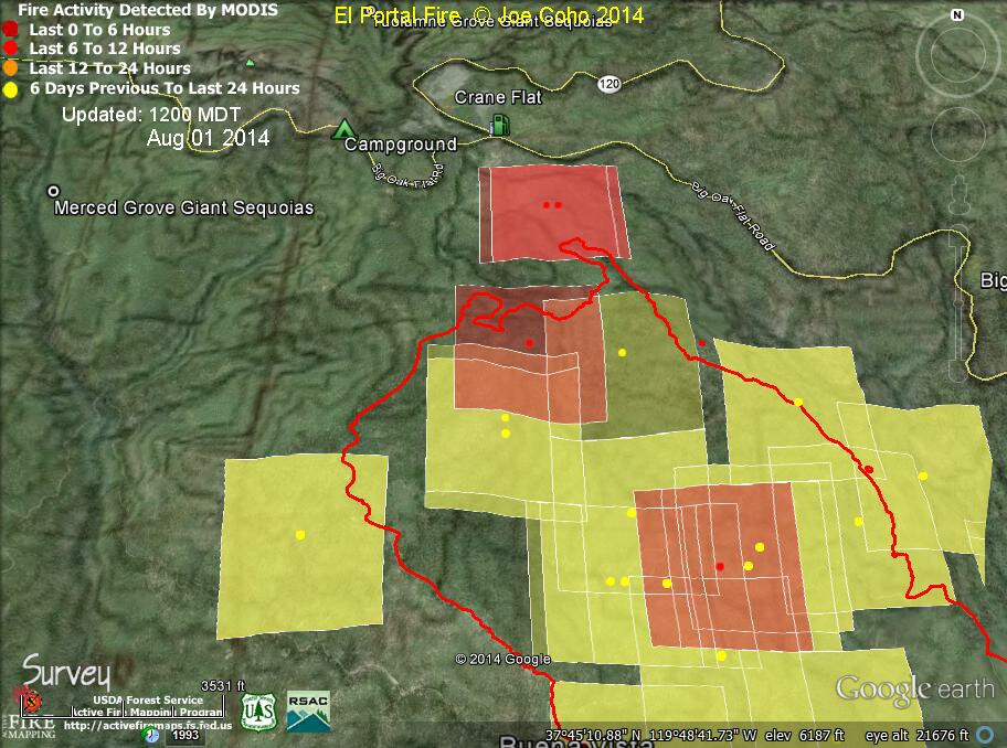 4 ElPortal Fire MODIS Fire Activity 1200 MDT Aug 1  2014 and 7-31-14 2202 CRANE FLAT AREA