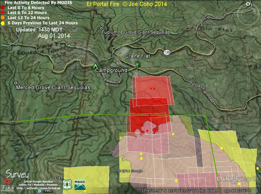 5 ElPortal Fire MODIS Fire Activity 1430 MDT Aug 1  2014 and 7-31-14 2202  CRANE FLAT AREA