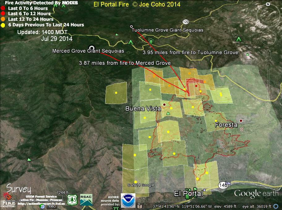 ElPortal Fire 1400 MDT Jul 29 2014 Fire and Giant Sequoia Groves