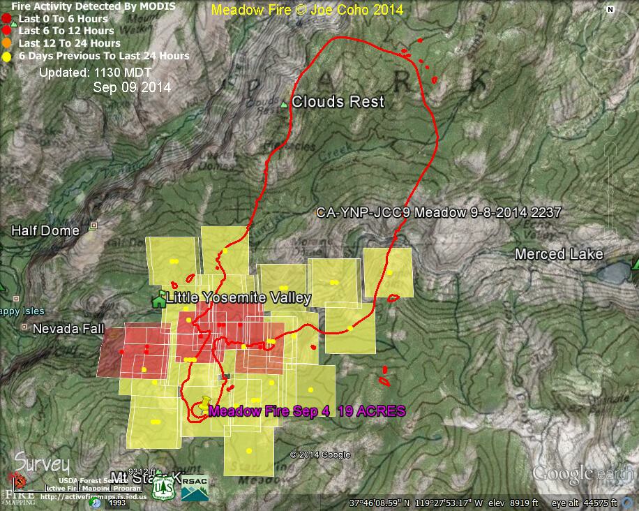 4 Meadow Fire MODIS Fire Detections 1130 MDT Sep 09 2014 with fire boundary Sep 8 2237