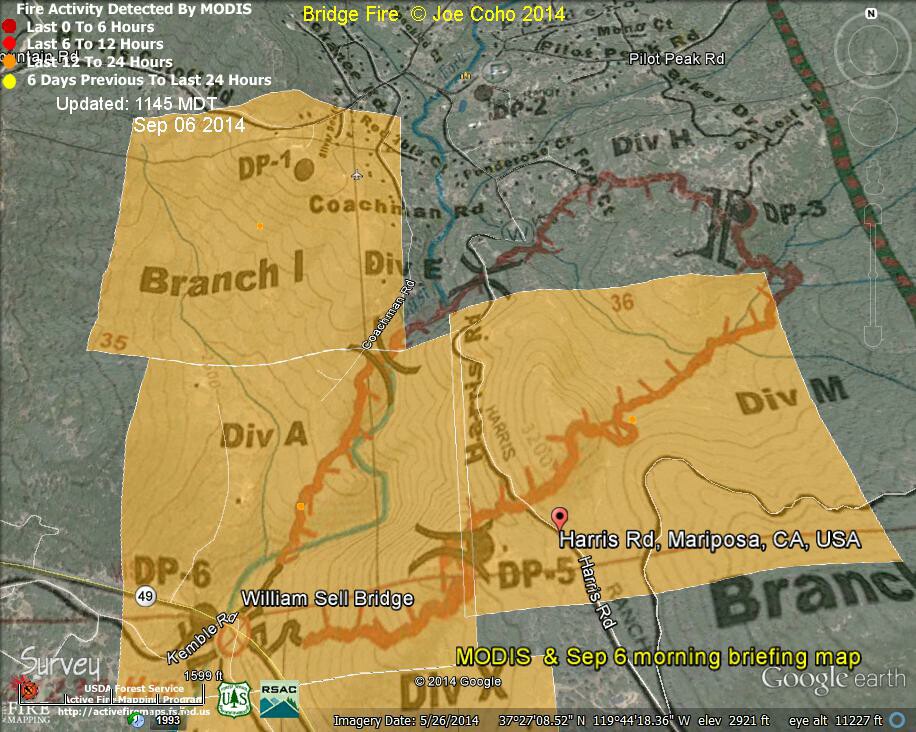 Bridge Fire MODIS Fire Detections 1145 MDT Sep 06 2014 with Sep 6 day shift IAP map 2