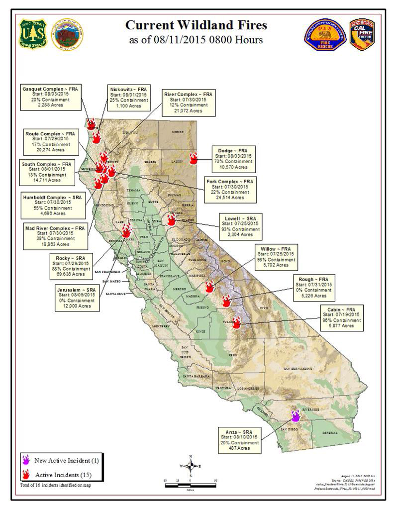 california wildfire map august 11 2015