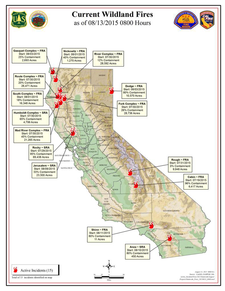california wildfire map august 13 2015