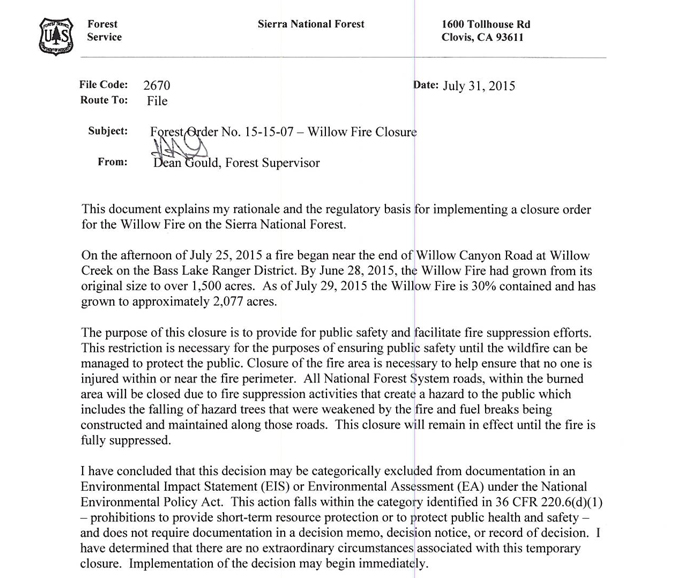 sierra national forest willow fire closure 1