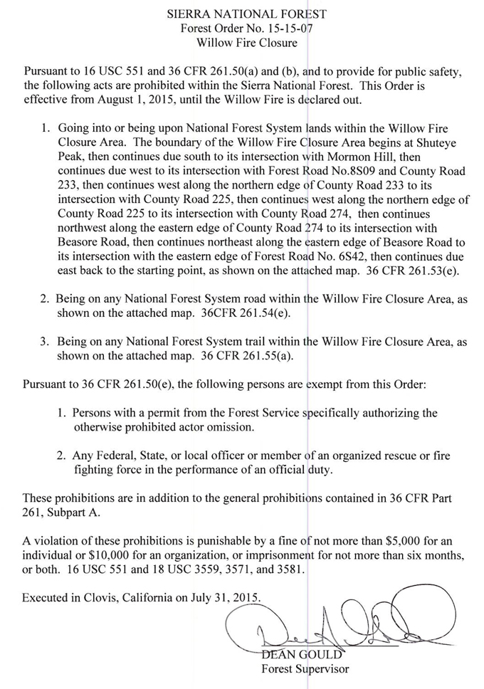 sierra national forest willow fire closure 2