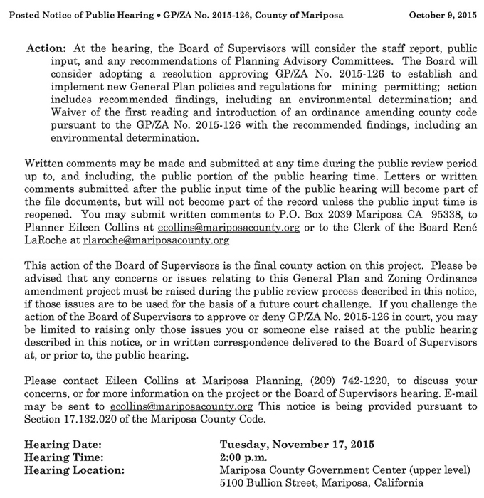 mariposa county mining permit meeting 2