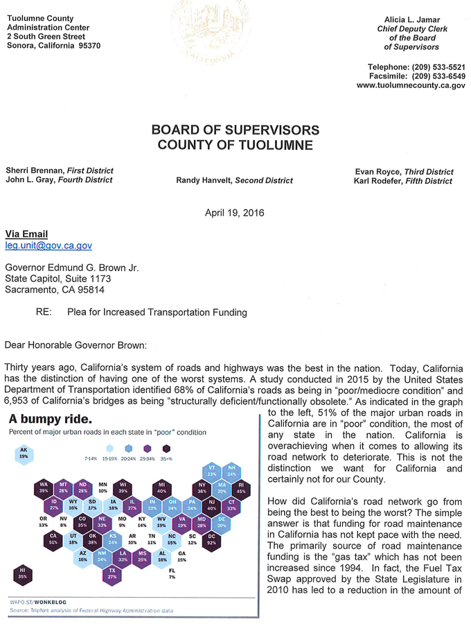 Poor Road Conditions letter to Governor Brown 1