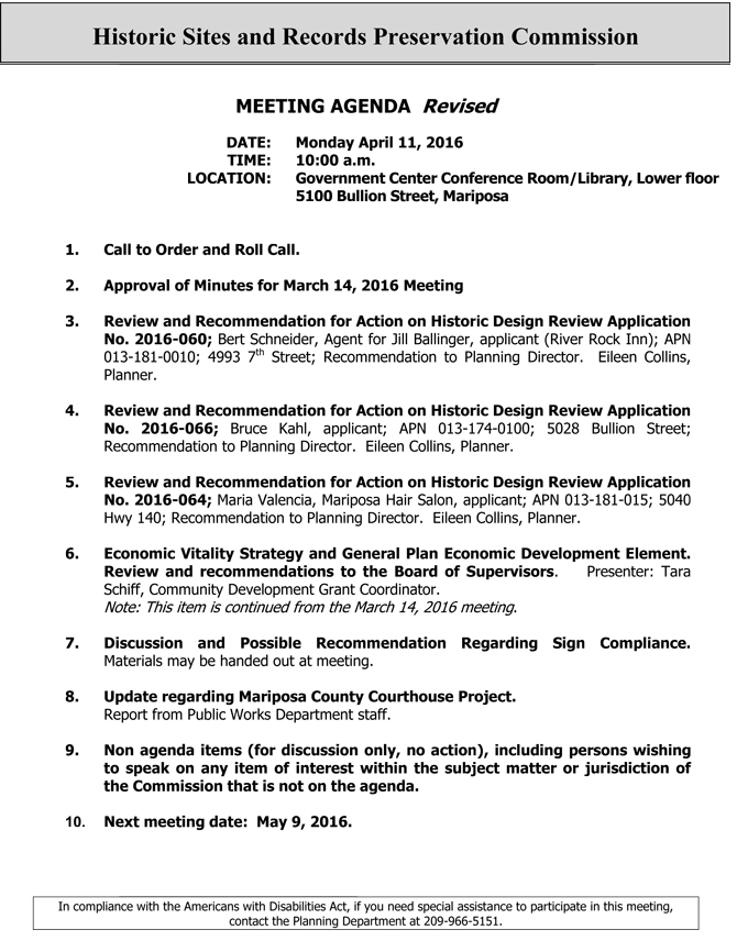 mariposa county historic sites and records preservation commission agenda april 11 2016