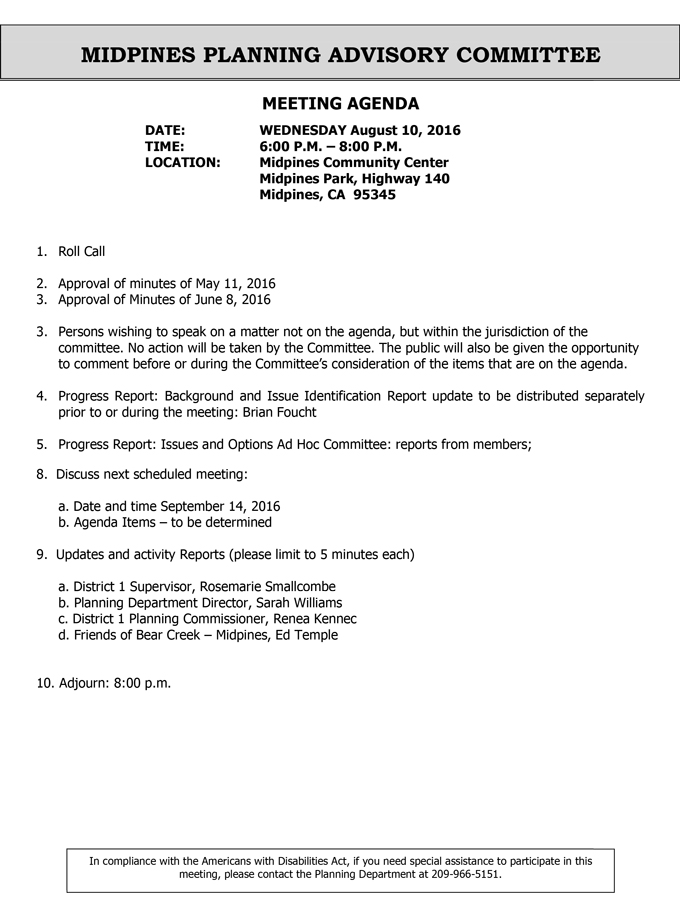 2016 08 10 midpines planning advisory committee agenda august 10 2016