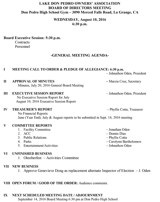 lake don pedro owners association meeting agenda august 10 2016