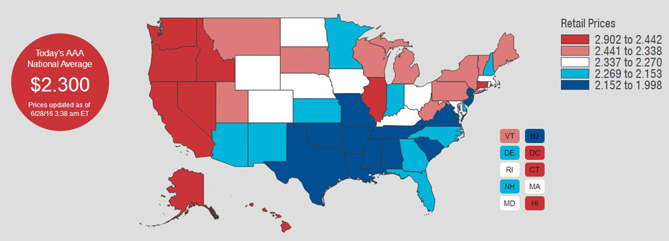 aaa national gas prices june 28 2016