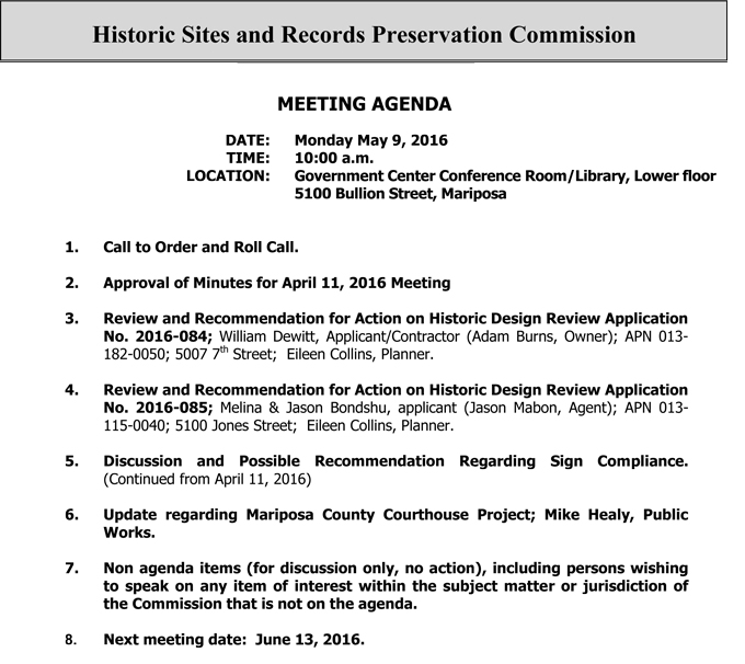 2016 05 09 mariposa county historic sites and records preservation commission agenda may 9 2016