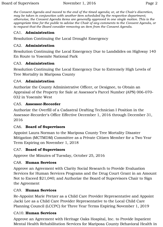 2016 11 01 mariposa county board of supervisors agenda november 1 2016 2
