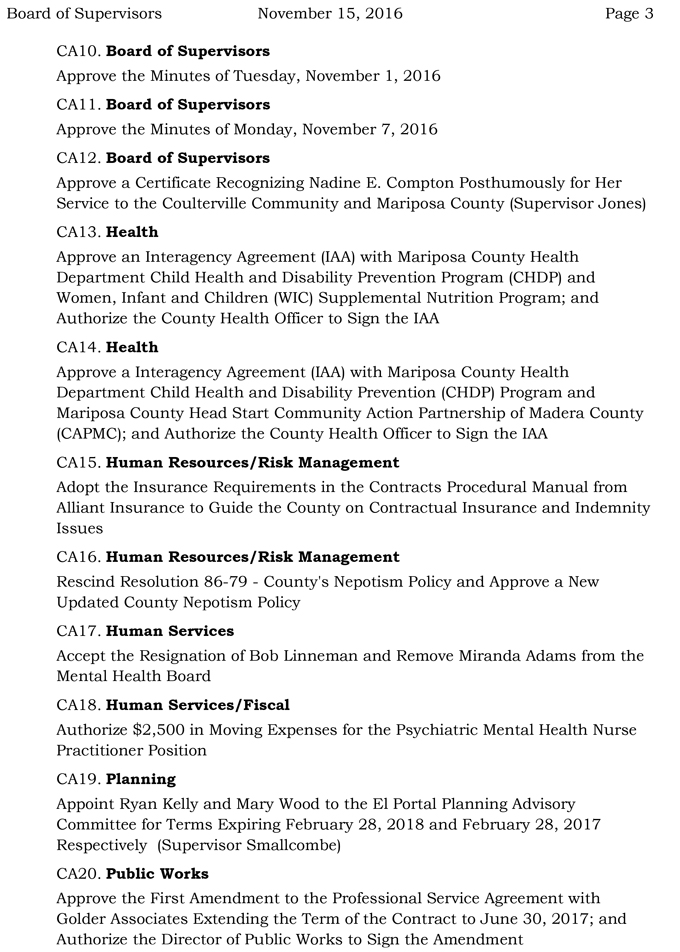 2016 11 15 mariposa county board of supervisors agenda november 15 2016 3