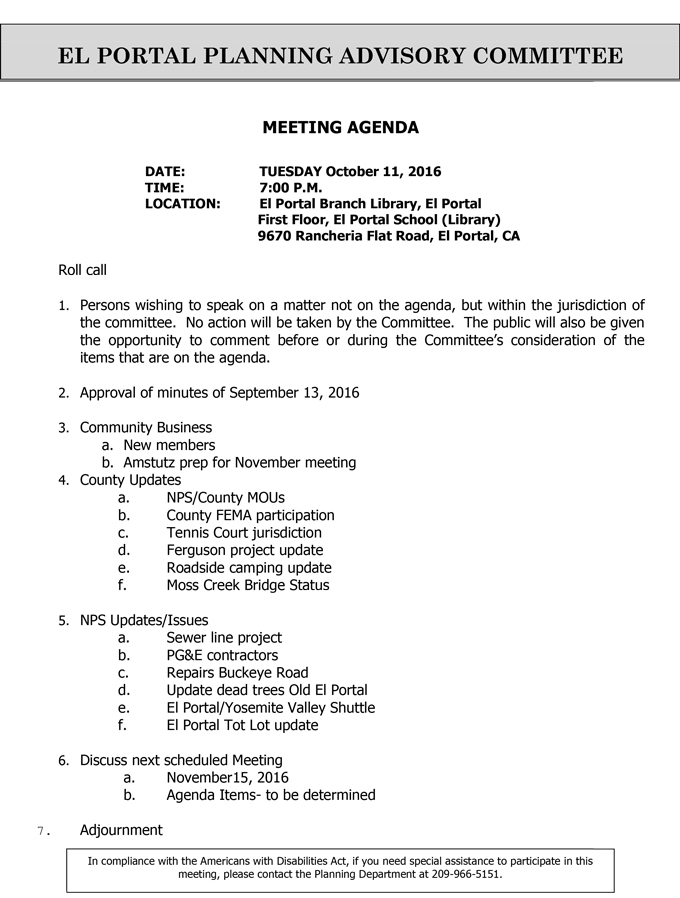 2016 10 11 el portal planning advisory committee agenda october 11 2016