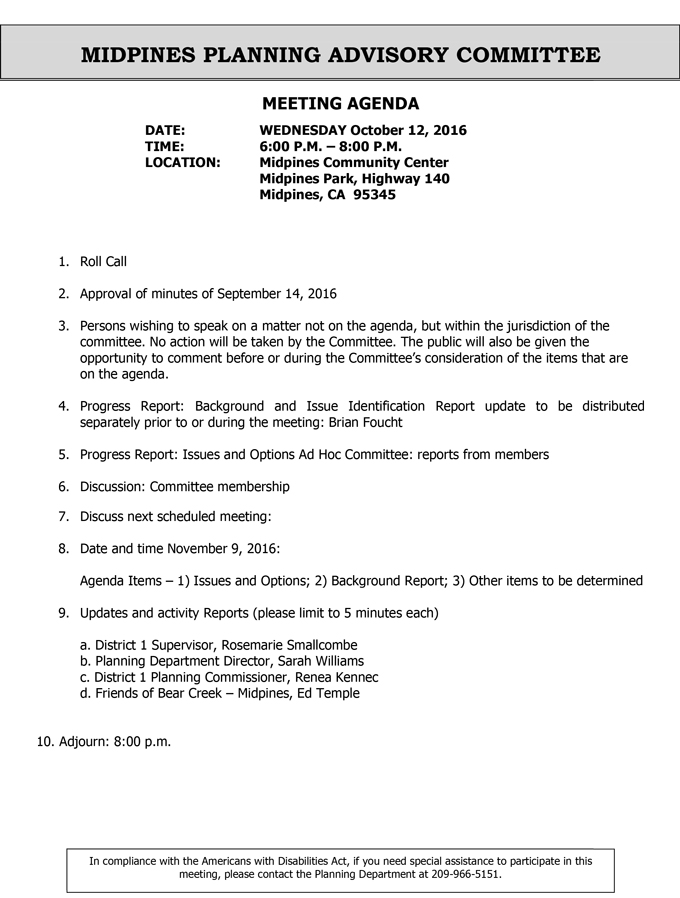 2016 10 12 midpines planning advisory committee agenda october 12 2016