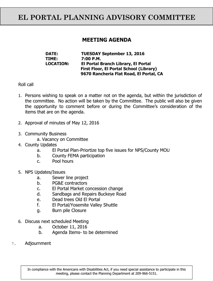 2016 09 13 el portal planning advisory committee agenda september 13 2016