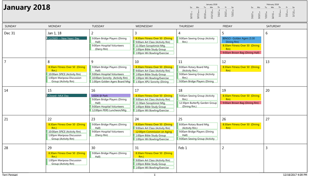 January Sr Center Activities