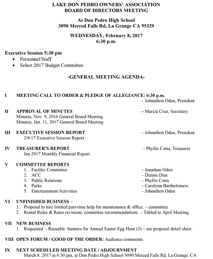 2 8 17 lake don pedro owners association general meeting agenda february 8 2017
