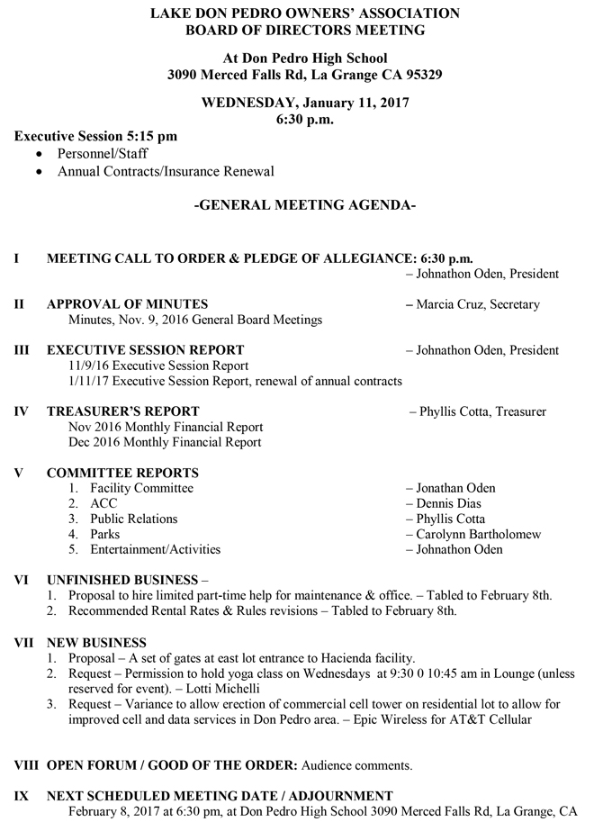 1 11 17 lake don pedro owners association general meeting agenda january 11 2017