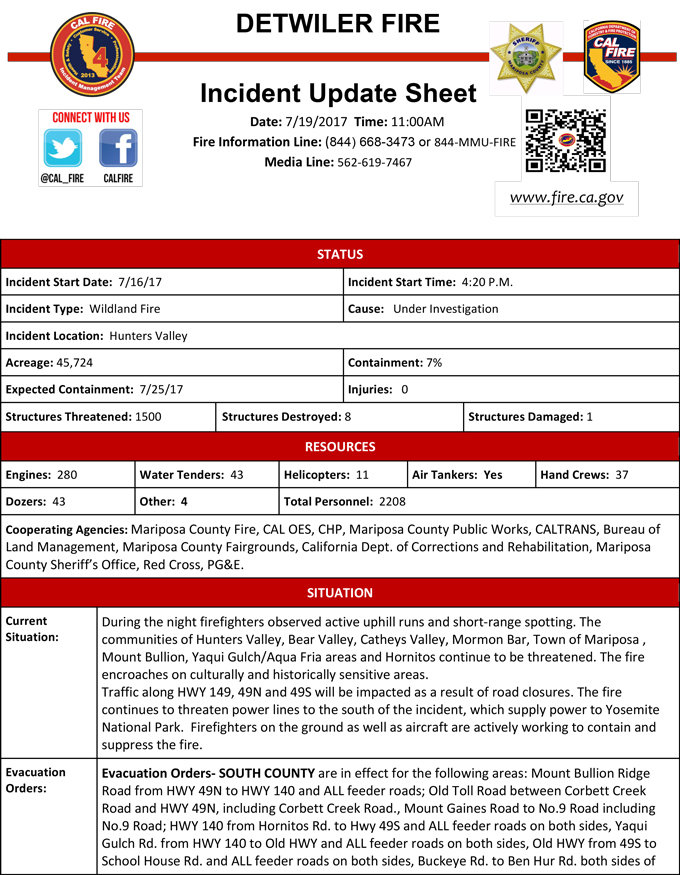 detwiler fire mariposa county cal fire 1100 am update july 19 2017 1