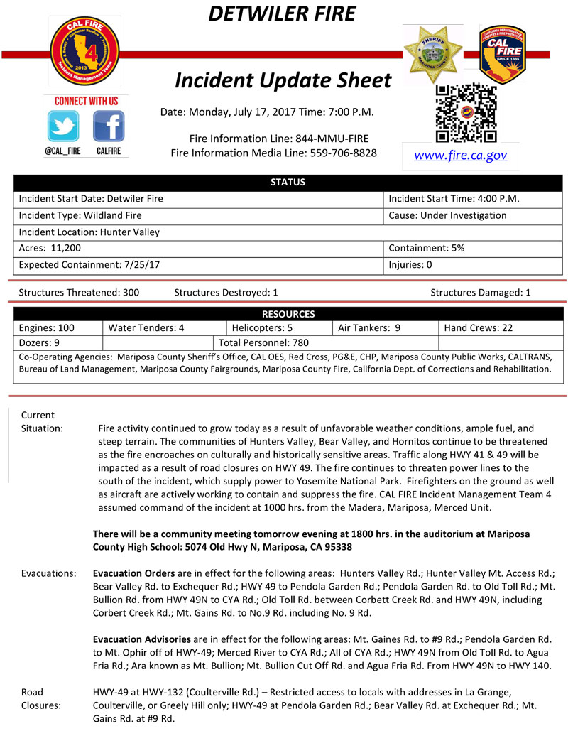 detwiler fire update for monday july 17 2017