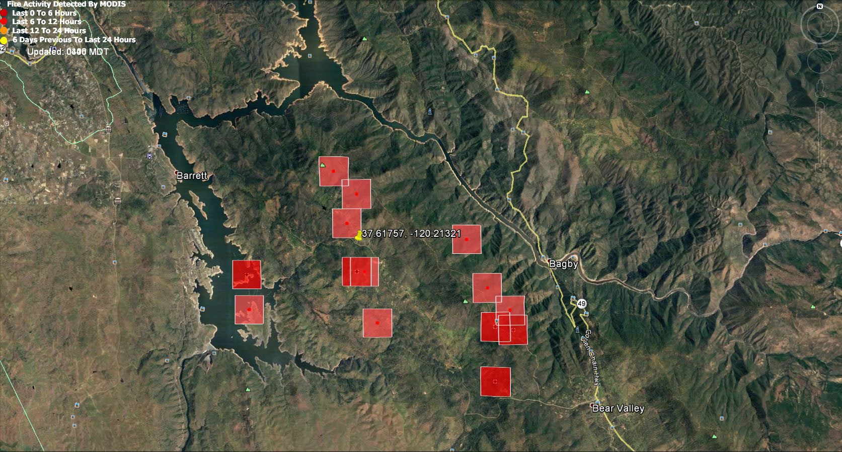 dewiler fire mariposa county monday morning modis map