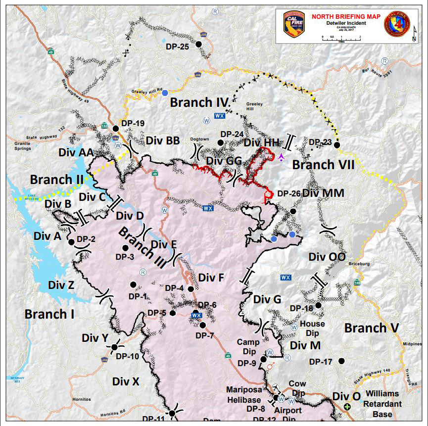 map north briefing detwiler fire mariposa county saturday july 29 2017