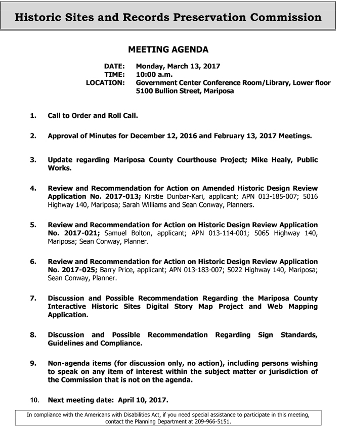 2017 03 13 mariposa county historic sites and records preservation commission agenda march 13 2017