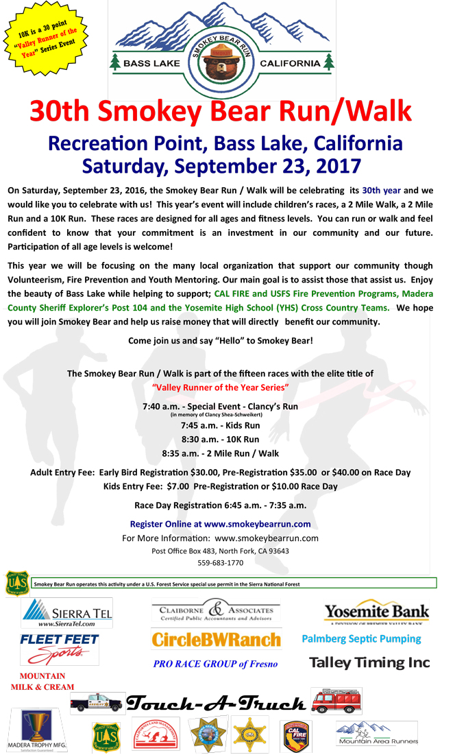 smokey bear run walk bass lake september 23 2017 flyer