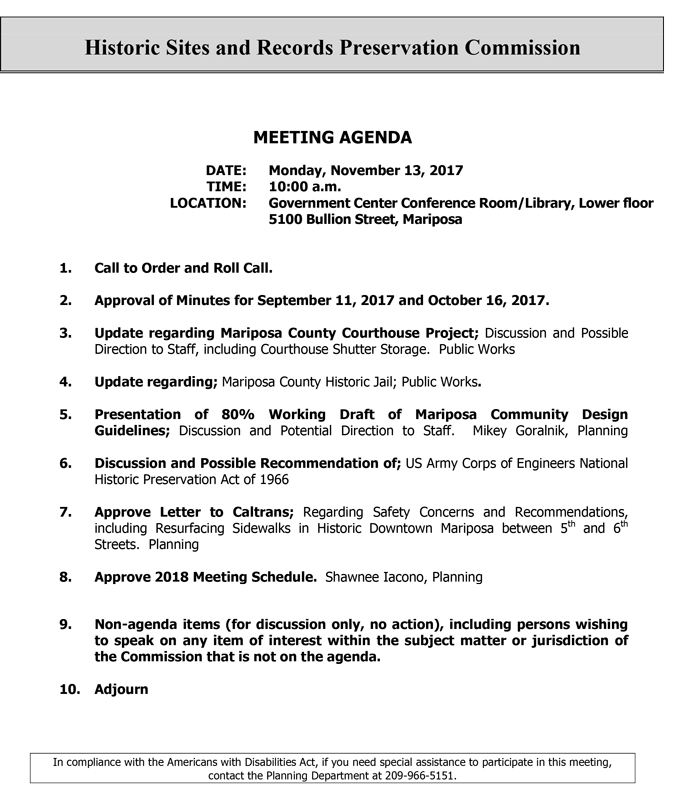 2017 11 13 mariposa county Historic Sites & Records Preservation Commission agenda november 13 2017