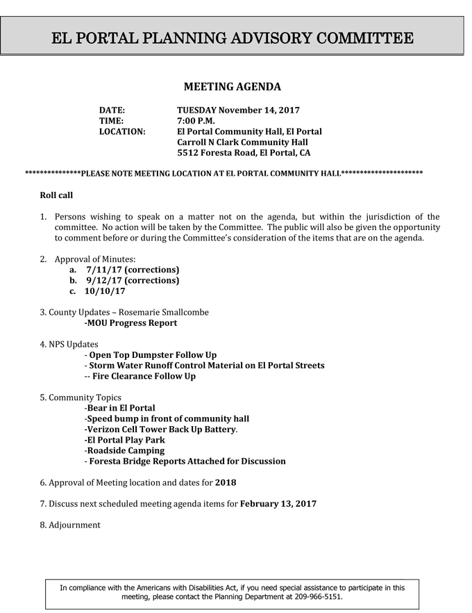2017 11 14 mariposa county El Portal Planning Advisory Committee agenda november 14 2017
