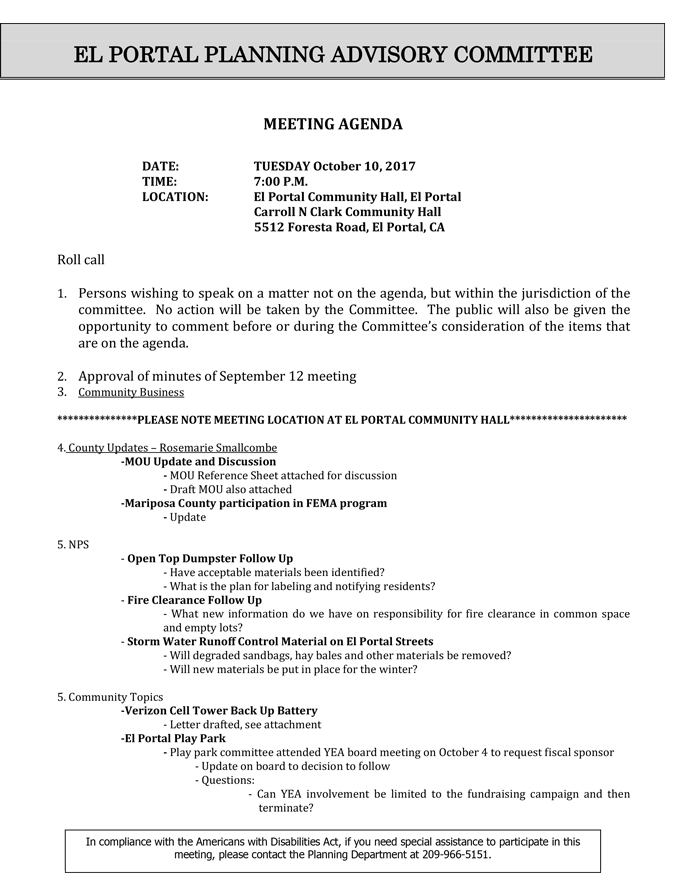 2017 10 10 mariposa county el portal planning advisory committee agenda october 10 2017 1