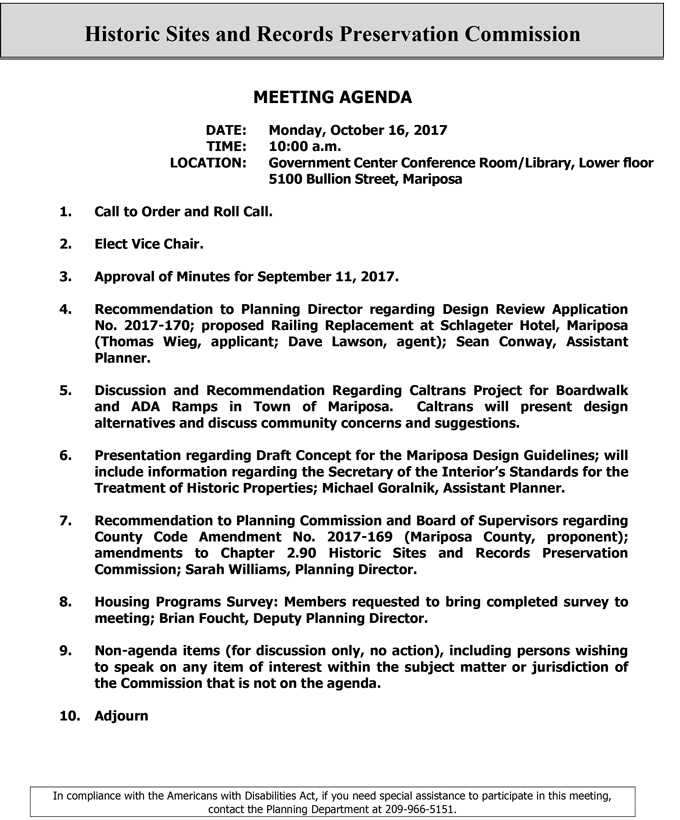 2017 10 16 mariposa county historic Sites and Records Preservation Commission agenda october 16 2017