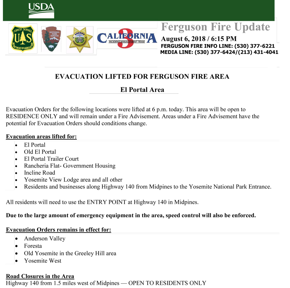 El Portal Evacuation Lifted 8 6 1