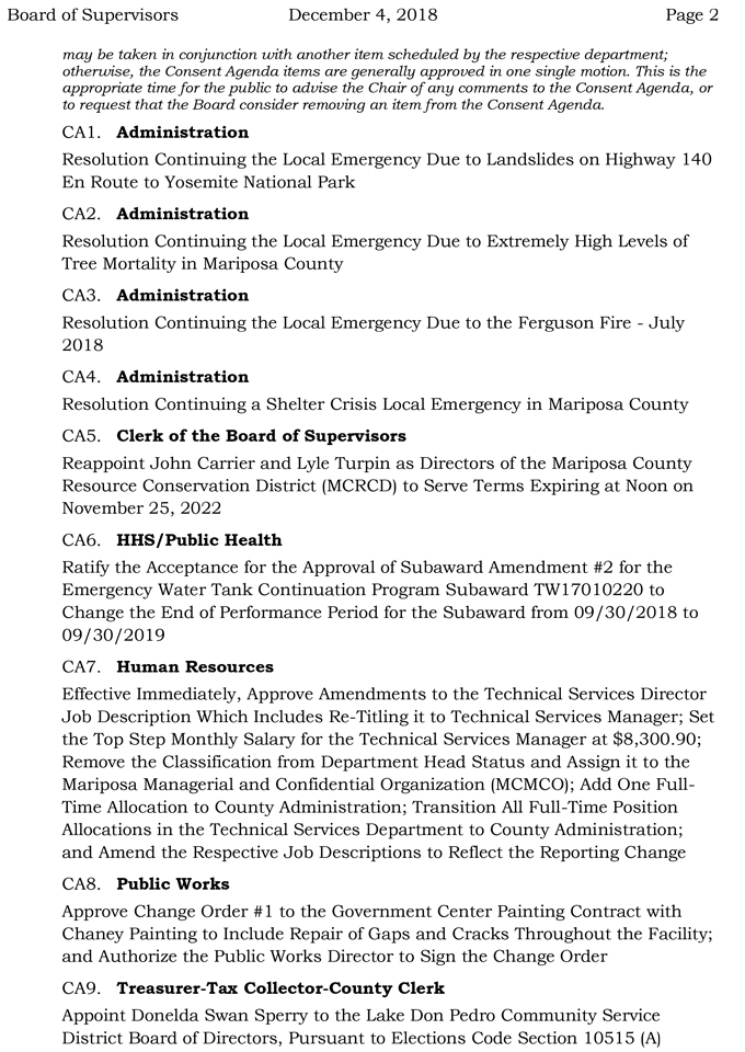 2018 12 04 mariposa county Board of Supervisors Agenda december 4 2018 2