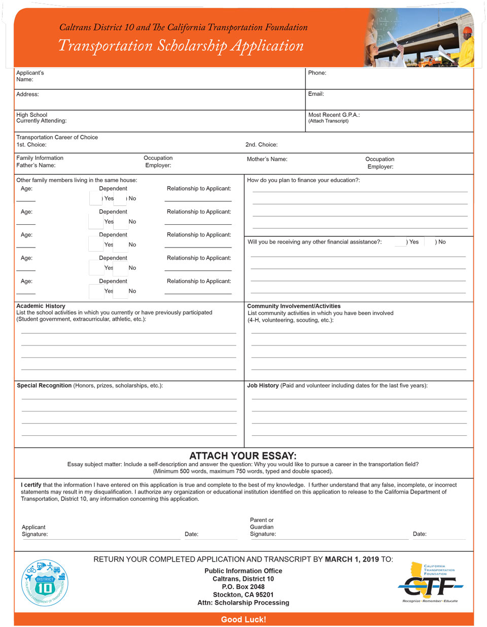 2019 CTF Scholarship Flyer and Form 2