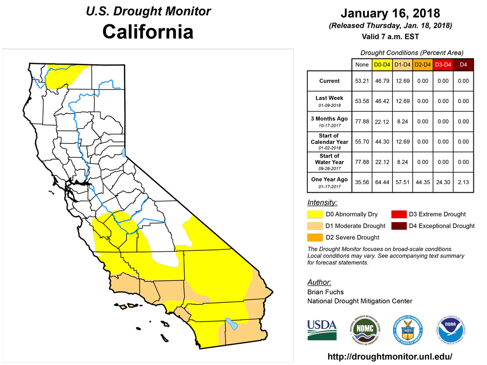 california drought monitor for january 16 2018