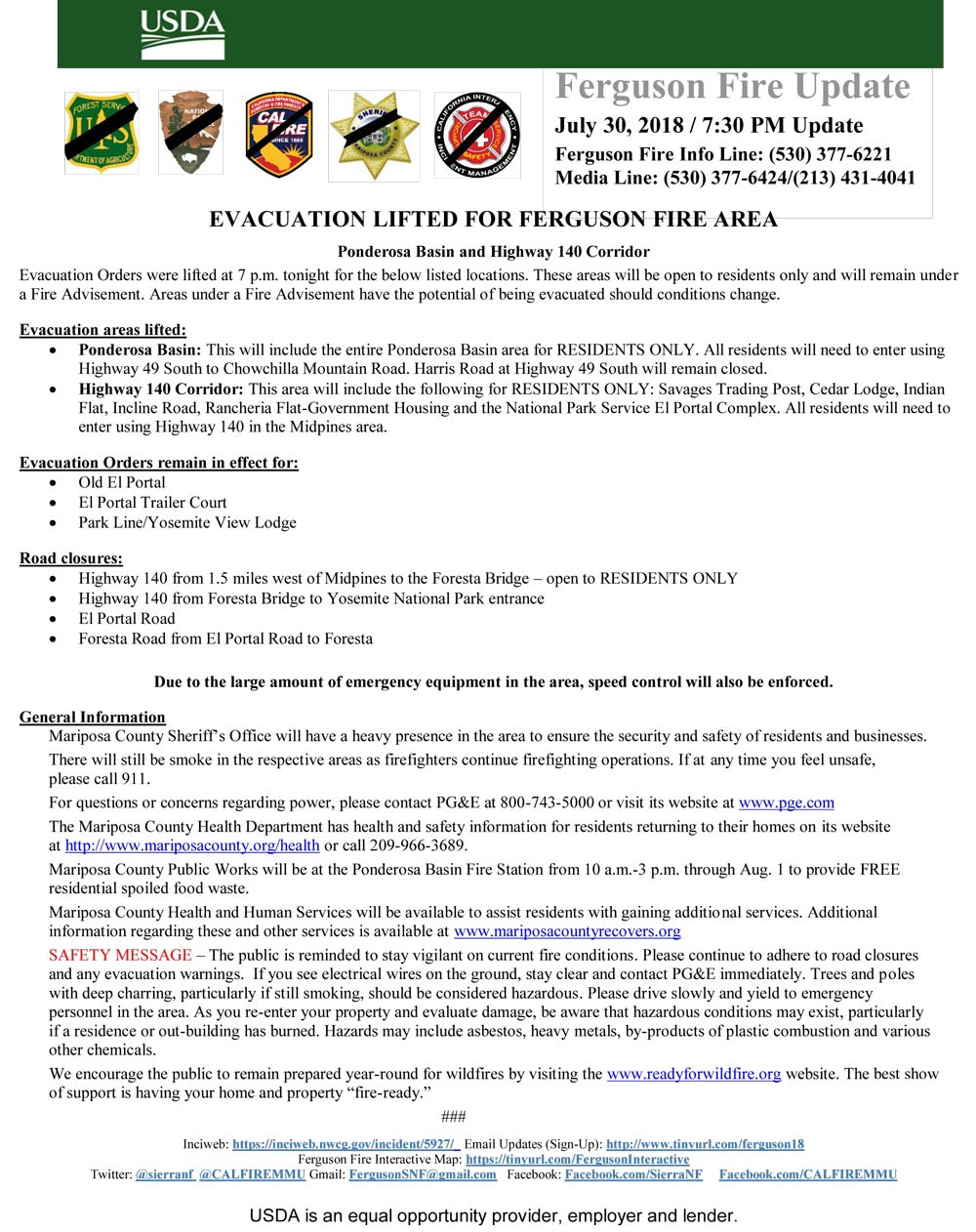 Ponderosa Basin Evacuations Lifted 7 30 18